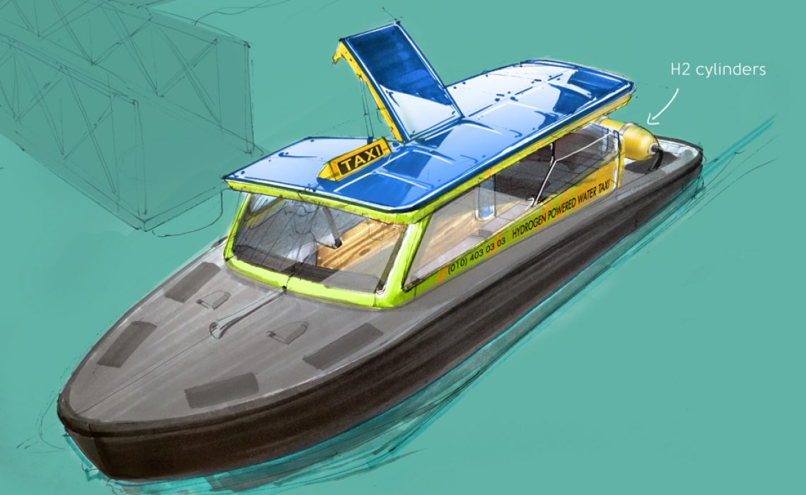 First concept drawing of hydrogen powered watertaxi developed by SWIM consortium